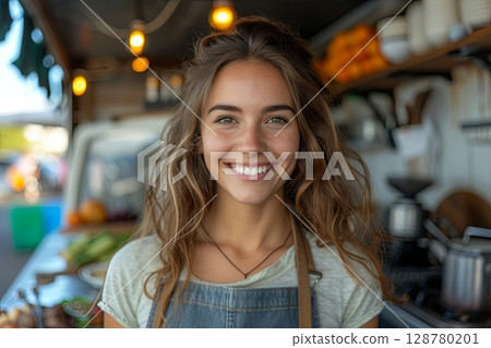 Joyful Woman In Casual Denim Apron At Rustic Market Stall 128780201