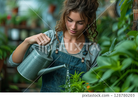 Woman Using A Watering Can In An Indoor Garden 128780203