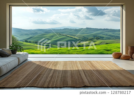 Panoramic Modern Window View To Green Hills 128780217