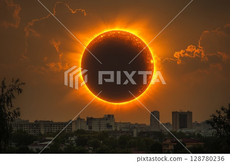 Total Solar Eclipse Over Urban Skyline 128780236