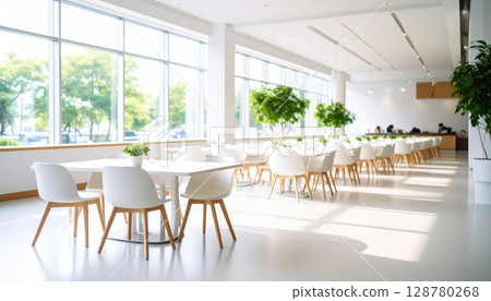 [AI image] A bright and clean employee cafeteria with sunlight shining in 128780268