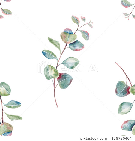 Seamless eucalyptus pattern, twigs with leaves, hand drawn watercolor branches isolated on white. Botanical pattern for packaging, printing, invitation, card, postcard, tags, wrapping, fabric, textile 128780404