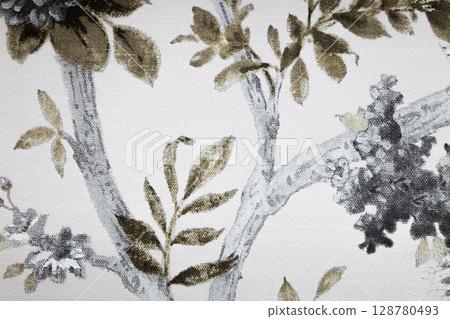 Vintage Botanical Toile Wallpaper with Grey and Olive Branches, Seamless Leaf Motif 128780493