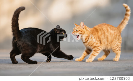 Angry black and ginger cats hissing at each other in a tense standoff on a concrete surface. High alert and aggressive behavior. Angry black and ginger cats hissing at each other in a tense standoff on a concrete surface. High alert and aggressive behavior. 128780503