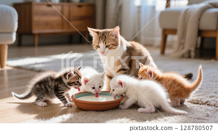 Mother cat watches her adorable kittens drink milk from a bowl in a sunlit room. Peaceful indoor family moment with caring supervision. 128780507
