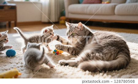 Playful gray tabby cat interacts with her energetic kittens on a cozy carpet in a bright living room. Fun indoor family moment. 128780508