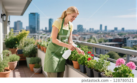 Young woman watering flowers in pots on balcony garden with city skyline in background during sunny day Young woman watering flowers in pots on balcony garden with city skyline in background during sunny day 128780521