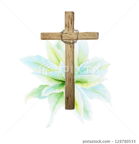 wooden cross with crown of thorns and soft floral lily background. Hand painted watercolor composition isolated on white background. Christian Easter and faith-themed design with delicate pastel tones wooden cross with crown of thorns and soft floral lily background. Hand painted watercolor composition isolated on white background. Christian Easter and faith-themed design with delicate pastel tones 128780533