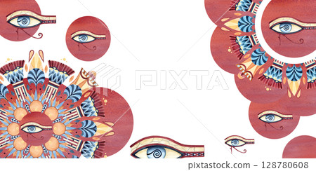 Frame arabesque style, eye of Horus template, ancient ethnic ornament postcard. Abstract sacred lotus, red circles. Watercolor illustration isolated from background. For souvenir product, packaging Frame arabesque style, eye of Horus template, ancient ethnic ornament postcard. Abstract sacred lotus, red circles. Watercolor illustration isolated from background. For souvenir product, packaging 128780608