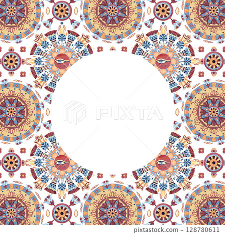 Frame arabesque style, white circle template, ancient ethnic ornament of Arabs, Egypt. Abstract shapes. Watercolor illustration isolated from background. For souvenir product, packaging, postcard 128780611