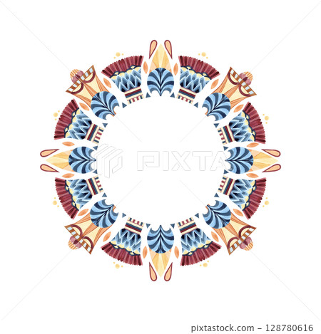 Ancient arabesque style. Round circle ornament with white template, frame. Geometric patterns, sacred lotus. Watercolor isolated illustration. African, Arab, Egyptian, Persian culture for decor, card Ancient arabesque style. Round circle ornament with white template, frame. Geometric patterns, sacred lotus. Watercolor isolated illustration. African, Arab, Egyptian, Persian culture for decor, card 128780616