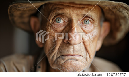 Elderly man with hat and piercing eyes. 128780757