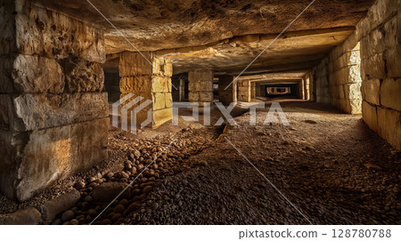Ancient underground stone corridor. 128780788