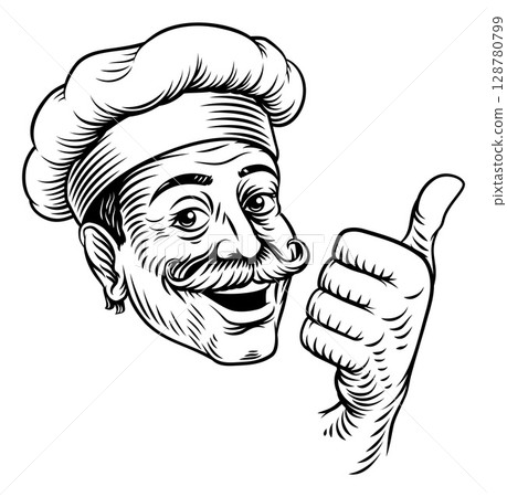 Smiling Chef Baker Cook Woodcut Vintage Drawing 128780799