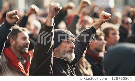 Crowd raising fists in solidarity. Crowd raising fists in solidarity. 128780804