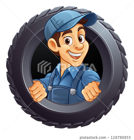 Tyre Tire Car Service Mechanic Mascot Cartoon Man Tyre Tire Car Service Mechanic Mascot Cartoon Man 128780855