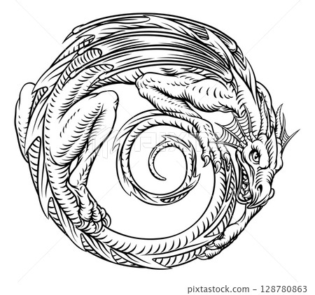 Dragon Circle Vintage Woodcut Myth Fantasy Design Dragon Circle Vintage Woodcut Myth Fantasy Design 128780863