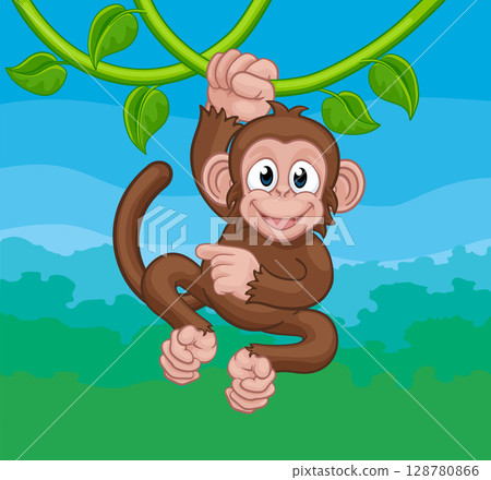Monkey Singing On Jungle Vines Pointing Cartoon 128780866
