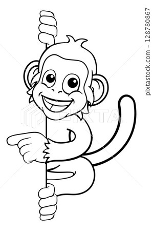 Monkey Cartoon Character Animal Pointing At Sign 128780867