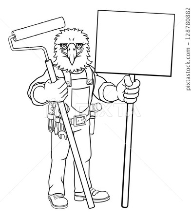 Eagle Painter Decorator Paint Roller Mascot Man Eagle Painter Decorator Paint Roller Mascot Man 128780882