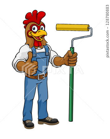 Rooster Painter Decorator Paint Roller Mascot Rooster Painter Decorator Paint Roller Mascot 128780883