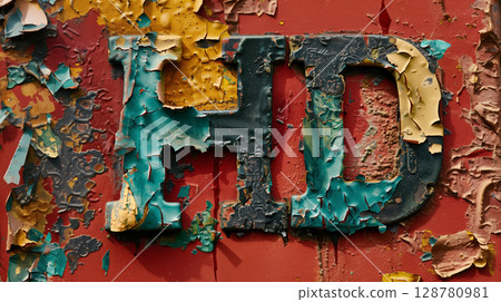 Peeling paint on a surface with letter HD. Peeling paint on a surface with letter HD. 128780981
