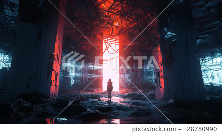 Silhouette in a dystopian factory scene. 128780990