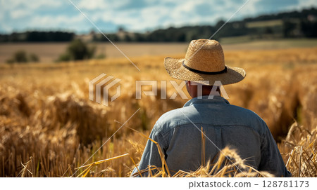 Farmer gazing over a golden wheat field. 128781173