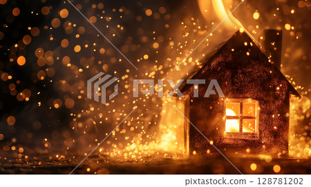 Model house ablaze with fire and sparks. 128781202