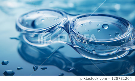 Wet swim goggles on blue. 128781204
