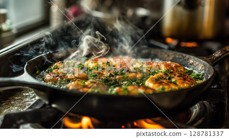 Sizzling pan with food cooking on flame. 128781337