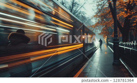 Blurred motion of a city tram at night. 128781364