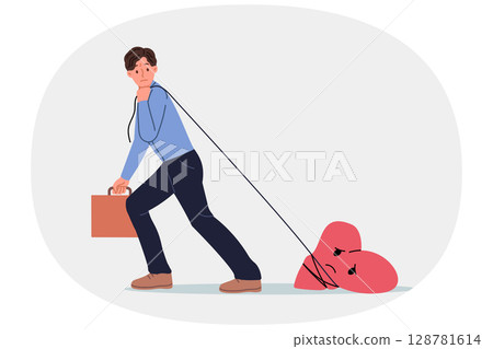 Business man goes to work with pain in heart tied to rope, suffering due to problem in personal life 128781614