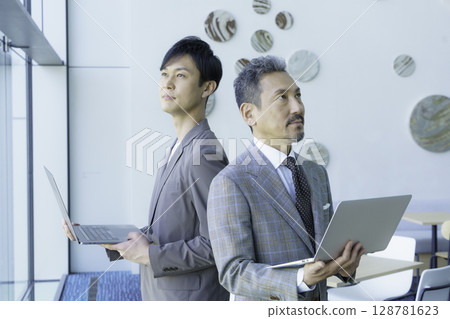 Portrait of two middle-aged businessmen Photo courtesy of Sky Perfect Tokyo Media Center 128781623