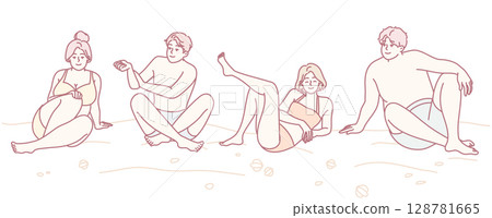 A Group of Friends Enjoying a Fun Beach Day in Relaxed Poses Under the Summer Sun A Group of Friends Enjoying a Fun Beach Day in Relaxed Poses Under the Summer Sun 128781665