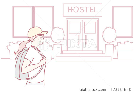 A Young Traveler Excitedly Arrives at a Cozy Hostel, Eager for New Adventures Awaiting 128781668