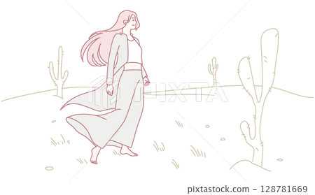 A Woman Walking Gracefully in a Vast Desert Landscape Surrounded by Stunning Cacti A Woman Walking Gracefully in a Vast Desert Landscape Surrounded by Stunning Cacti 128781669