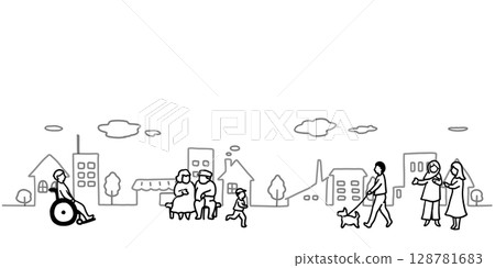 Simple hand-drawn line drawing illustration of a cityscape and various people in black and white Simple hand-drawn line drawing illustration of a cityscape and various people in black and white 128781683