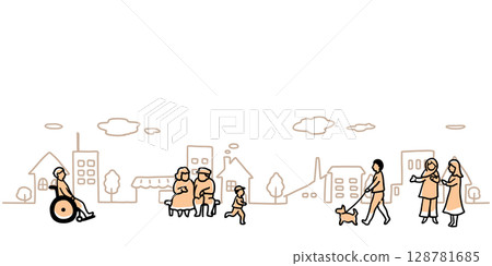 簡單的手繪線條插畫，描繪城市景觀和各種人物 128781685