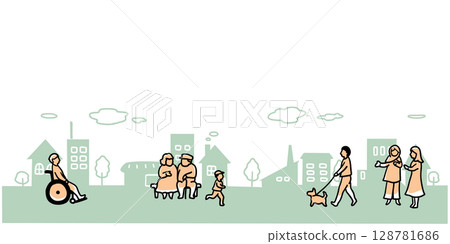 簡單的手繪線條插畫,描繪城市景觀和各種人物 簡單的手繪線條插畫,描繪城市景觀和各種人物 128781686