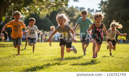 Group of diverse children running joyfully across a sunlit grassy field in a park, capturing the essence of childhood freedom, friendship, and outdoor play 128781749