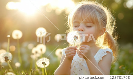 A little girl blows on a dandelion in a sunlit field, capturing the innocence and wonder of childhood 128781768