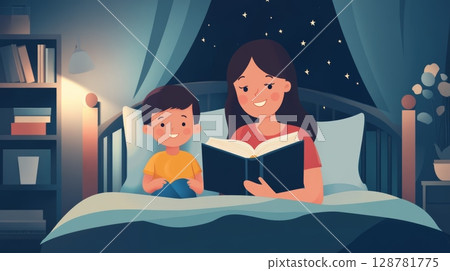 Mother and son enjoying a bedtime story together in a cozy, star lit room, fostering imagination and bonding 128781775