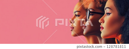 Three diverse women with varying hairstyles and skin tones, showcasing beauty and diversity in profile Three diverse women with varying hairstyles and skin tones, showcasing beauty and diversity in profile 128781811