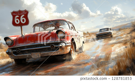 Dusty Route 66 road trip scene featuring a vintage red car and another vehicle driving along a desert road 128781853