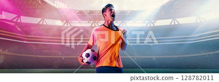Male football player screaming with passion while holding ball in 3D stadium spotlight Male football player screaming with passion while holding ball in 3D stadium spotlight 128782011