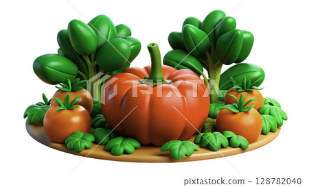 Colorful garden display featuring ripe tomatoes and fresh greens in a vibrant arrangement Colorful garden display featuring ripe tomatoes and fresh greens in a vibrant arrangement 128782040