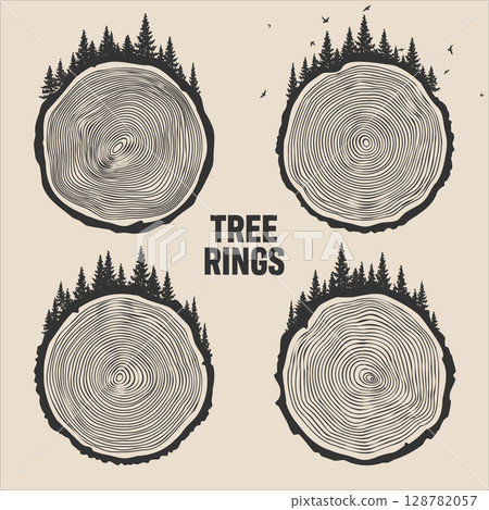 Round tree trunk cuts with trees, forest and birds. Sawn pine or oak slices, lumber. Saw cut timber, wood. Brown wooden texture with tree rings. Hand drawn sketch. Vector illustration Round tree trunk cuts with trees, forest and birds. Sawn pine or oak slices, lumber. Saw cut timber, wood. Brown wooden texture with tree rings. Hand drawn sketch. Vector illustration 128782057