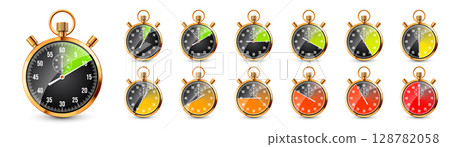 Realistic classic stopwatch. Shiny golden metal chronometer, time counter with dial. Colorful countdown timer showing minutes, seconds. Time measurement for sport, start, finish. Vector illustration 128782058