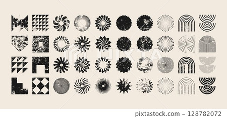 Brutalist geometric shapes, modern grunge symbols. Simple primitive elements and forms, distressed details. Retro design, aged, vintage, trendy contemporary minimalist style, y2k. Vector illustration Brutalist geometric shapes, modern grunge symbols. Simple primitive elements and forms, distressed details. Retro design, aged, vintage, trendy contemporary minimalist style, y2k. Vector illustration 128782072